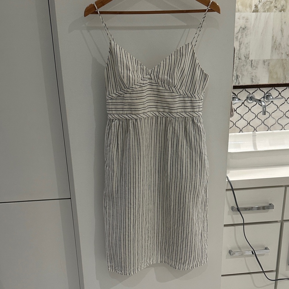 Theory Linen Striped Spaghetti Strap Dress, blue/white, size 8, back zipper